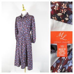 Monique Lhuillier Womens Purple Blue Floral Belted Midi Shirt Dress Size 10